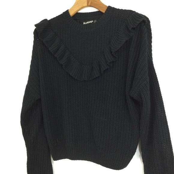 Blank NYC Womens Ruffle Crew Neck Long Sleeve Knit Sweater Black Size Small - Picture 3 of 7